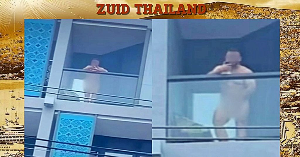 Buitenlander in zijn nakende “niksie” gefilmd op balkon van hotel in Phuket