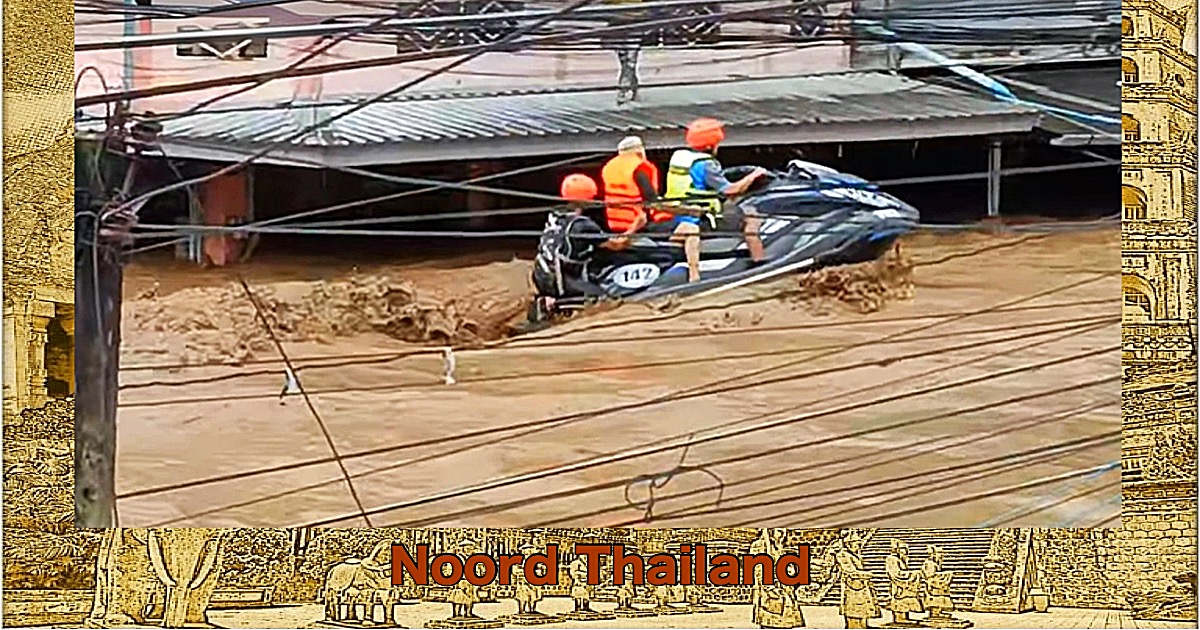 85-jarig Thais baasje met een jetski uit een overstroomd gebied in Noord-Thailand gered