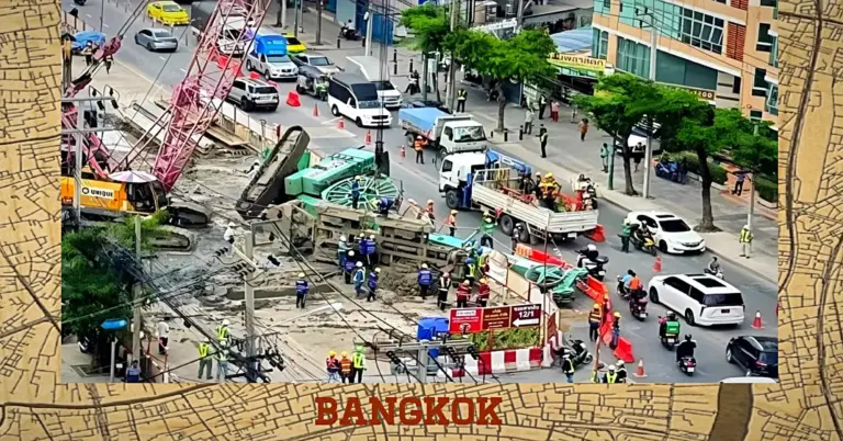Motorrijder in het district Thonburi, Bangkok gewond, nadat een bouwkraan op zijn kant viel