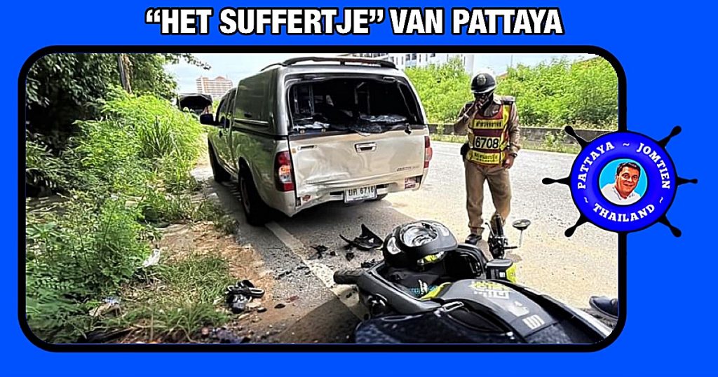 Telefoneerde motorrijder raakt in Pattaya ernstig gewond na tegen een geparkeerde pick-up truck te rijden 