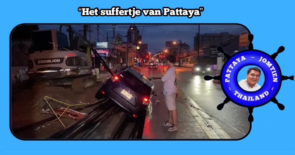 Dronken chauffeur crasht met zijn vehikel in een bouwput op Third Road in Pattaya