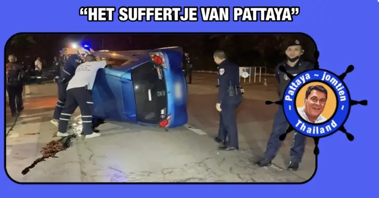 Dronken vrouw slaat met haar auto  op het viaduct van Pattaya over de kop en beweert dat ze hartzeer heeft