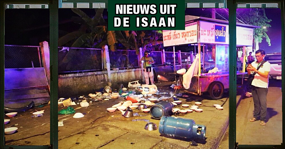 Dronken man ramt in Noordoost-Thailand een noedel-kraam omver, waarbij 1 dode en 9 gewonden vallen.