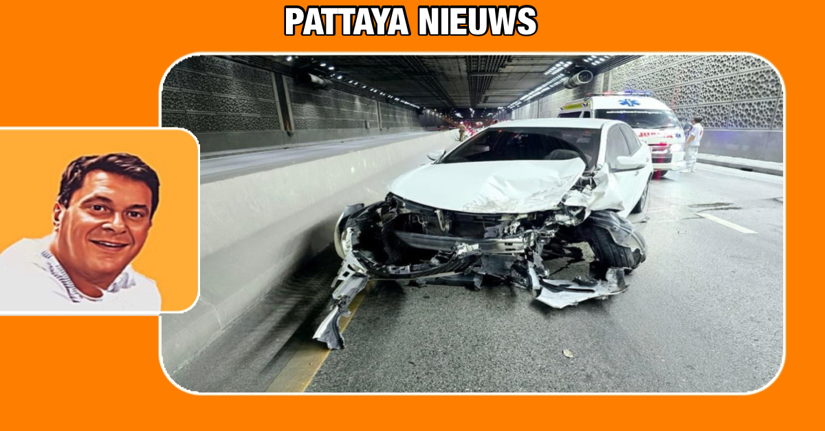 Auto-ongeluk in de tunnel van Pattaya-tunnel veroorzaakt ernstige schade, de bestuurder komt er met lichte verwondingen vanaf