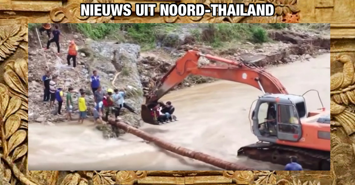 Graafmachine tilt in Noord-Thailand zwangere Thaise vrouw over rivier heen