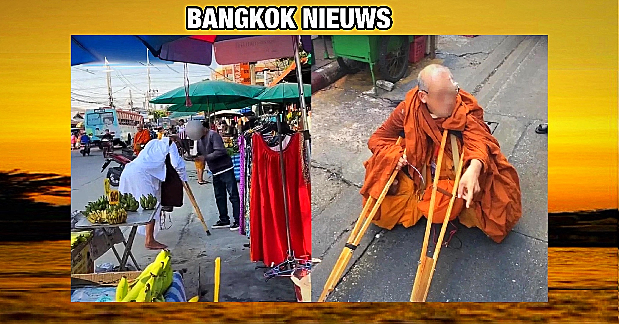 Nep-gehandicapte monnik daagt de politie van Bangkok uit en gaat weer bedelen
