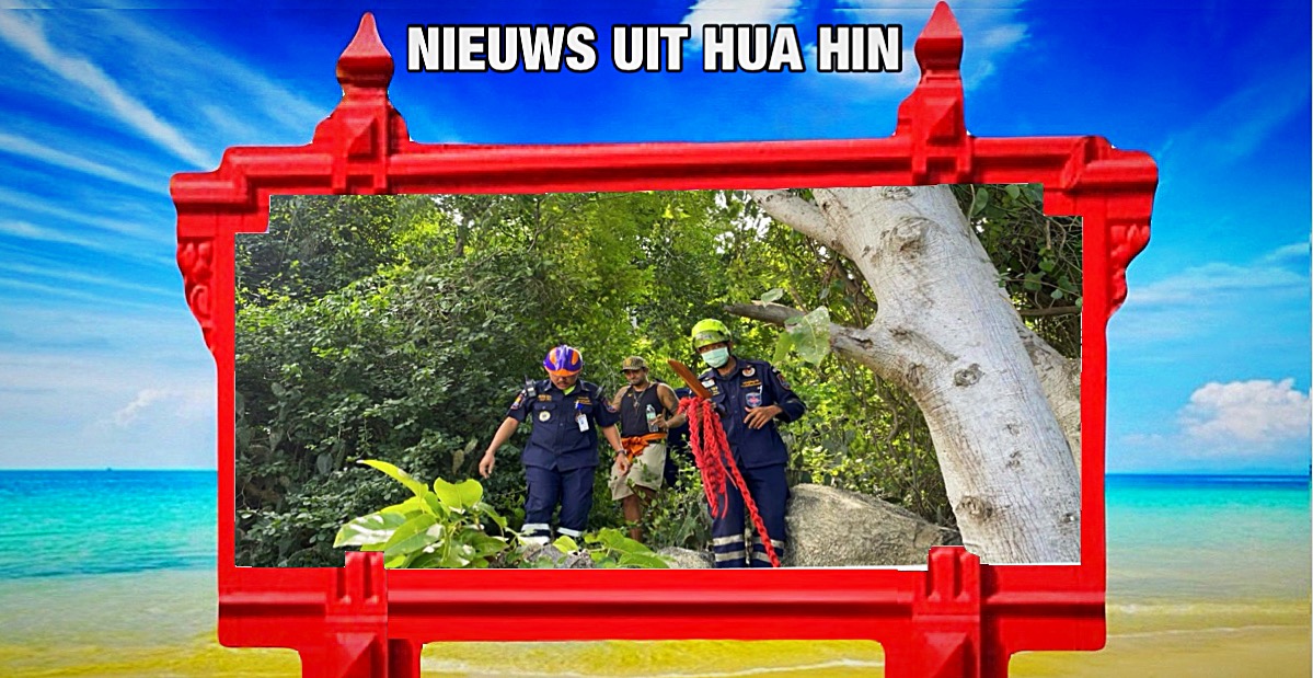 Benepen Noorse toerist die moeilijkheden ondervond bij het afdaling van de Khao Takiab berg in Hua Hin door de autoriteiten gered