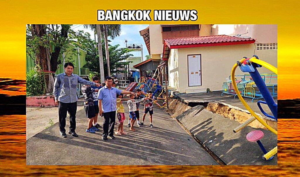 Betonnen speeltuin bij de Wat Chong Lom-tempel in Nontaburi ingezakt