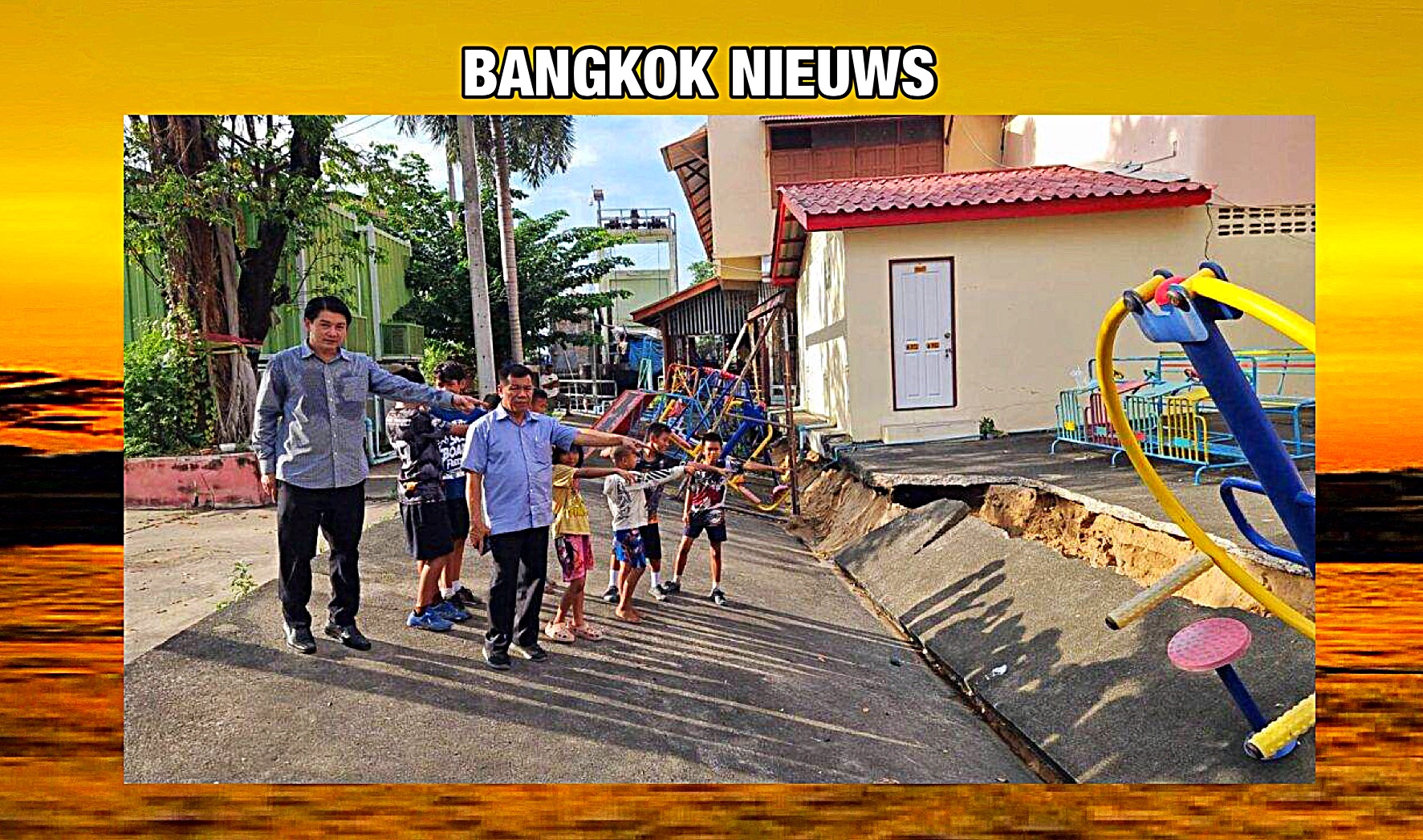 Betonnen speeltuin bij de Wat Chong Lom-tempel in Nontaburi ingezakt