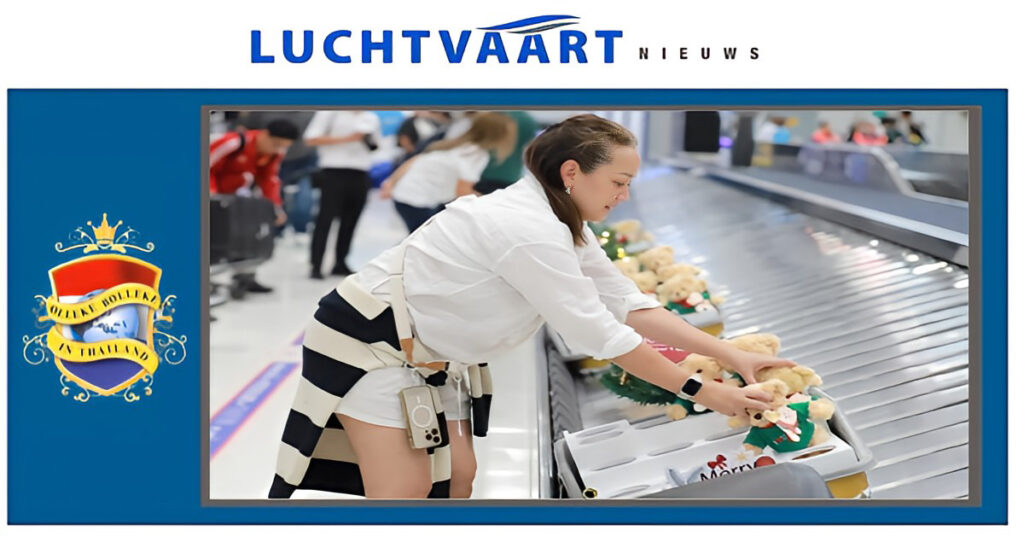 Soortgenoten van uw nieuwsbeer brengen op het grootste vliegveld van Thailand de kerstvreugde over naar passagiers.
