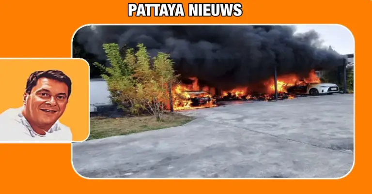 Huiseigenaar in “Zak & As” nadat een felle brand in zijn carport te Pattaya negen voertuigen tot de grond toe afbrandde 