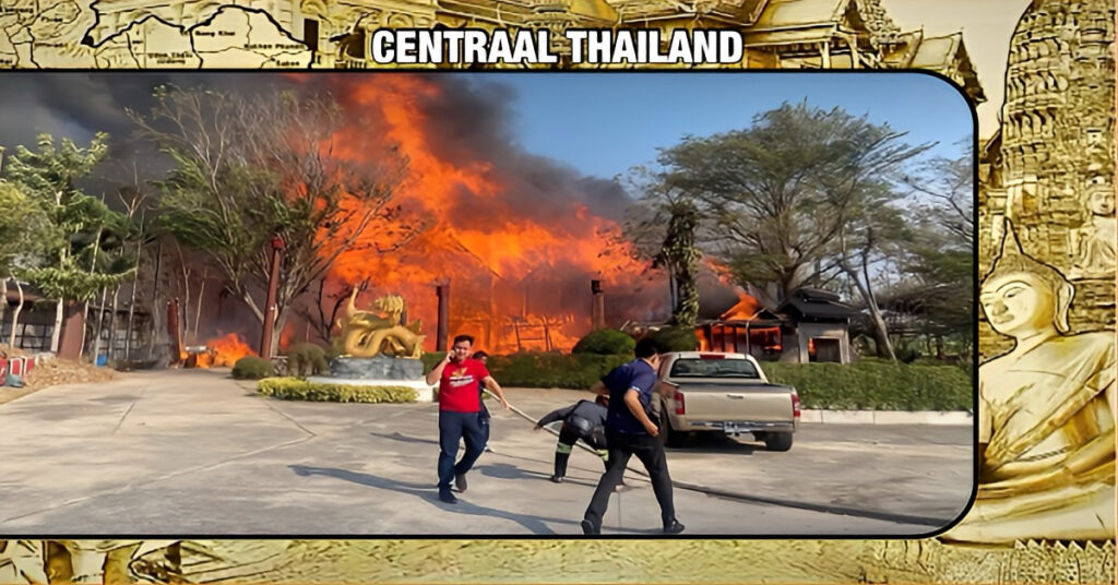 Snel verspreidend vuur legt een kapitaal teakhouten huis van 100 miljoen baht in Centraal-Thailand in as.