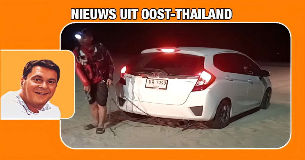Een jaloerse Thaise man probeert, na een ruzie met zijn vrouw en haar vriendin, met zijn auto de zee in Oost-Thailand te duwen!