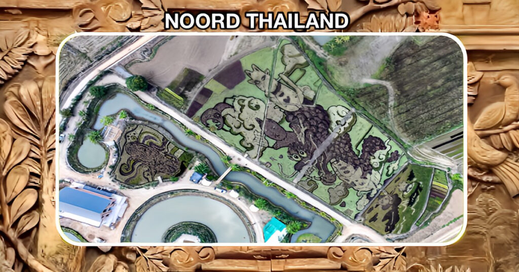 In een rijstveld in Noord-Thailand is vanuit de lucht een uniek eerbetoon aan de slachtoffers van de overstromingen in 2024 te zien.