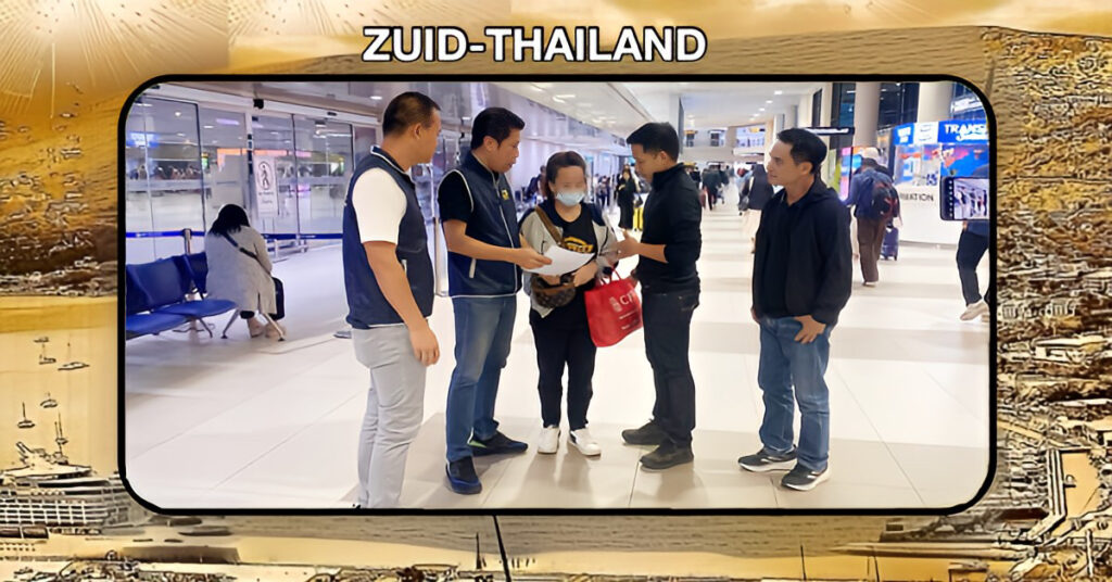 Thais “geldezeltje” bij aankomst op het vliegveld van Hat Yai in Zuid-Thailand in de boeien geslagen