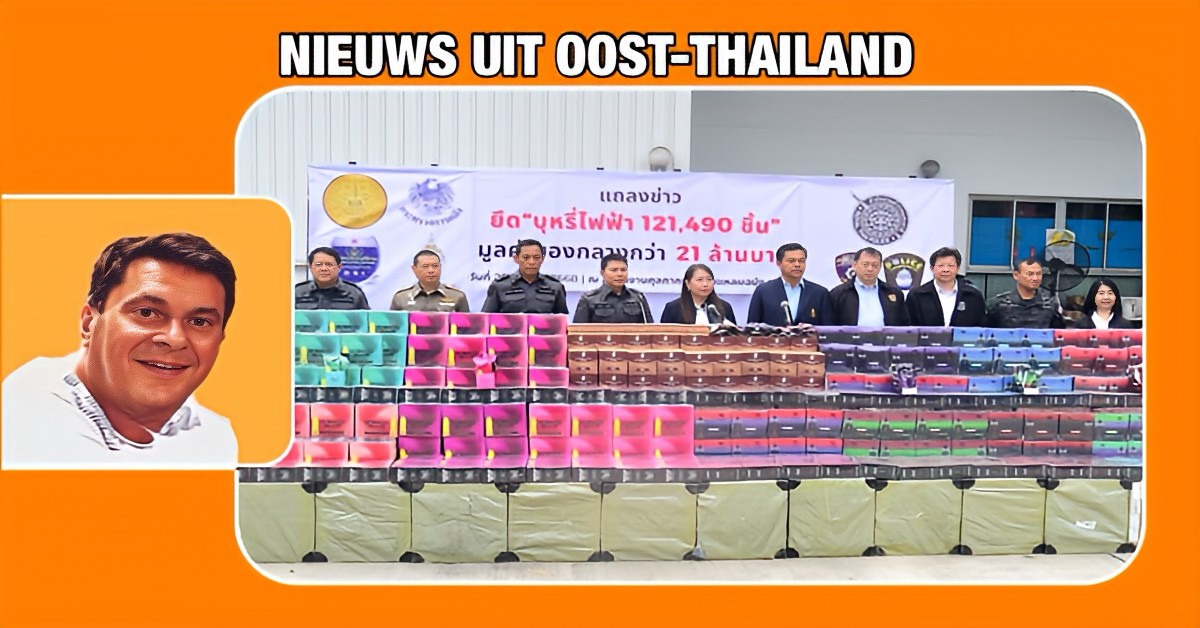 Autoriteiten slaan voor de derde keer in korte tijd een grote slag en nemen meer dan 120.000 illegale e-sigaretten in de haven van Laem Chabang in beslag.