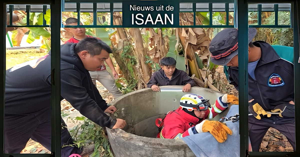 Reddingsteam in Noordoost-Thailand redt het leven van een verzwakte kitten door uit het een diepe put te halen