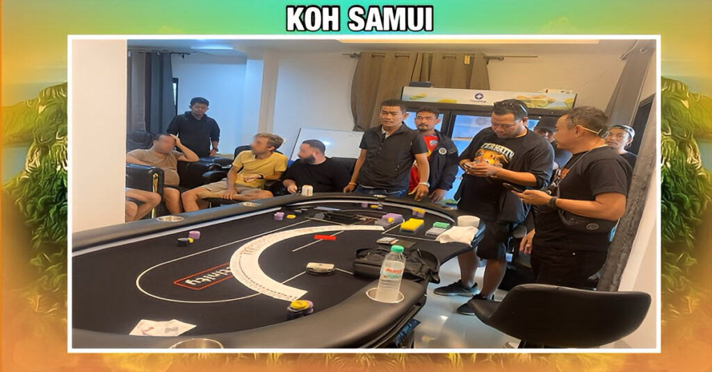 Politie valt in Zuid-Thailand een illegaal gokhol binnen en arresteert vijf pokeraars, waaronder vier buitenlanders, voor pokeren.