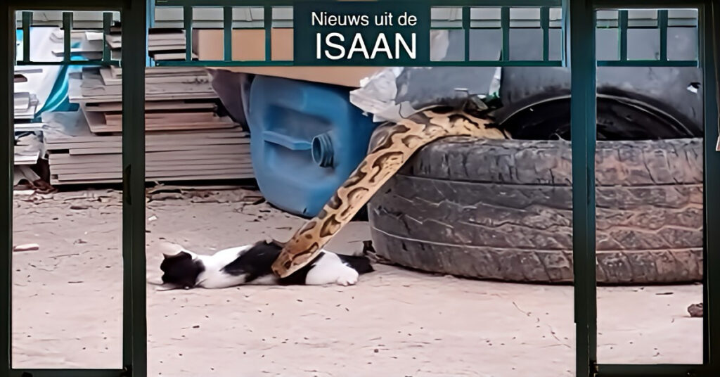 Tranen in Noordoost-Thailand om het verlies van een kat, nadat een slang het dier voor de ogen van zijn baasje verslond.
