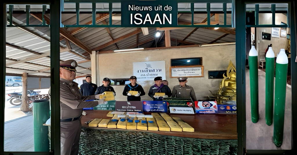 Politie neemt in Noordoost-Thailand 300.000 meth-pillen in beslag, verstopt door twee Laotiaanse staatsburgers in zuurstofflessen