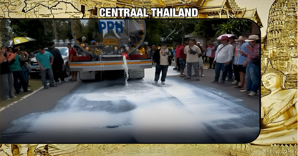 Boeren dumpen hectoliters melk voor het zuivelkantoor Muak Lek in Centraal-Thailand en eisen betaald te worden voor de geleverde melk.