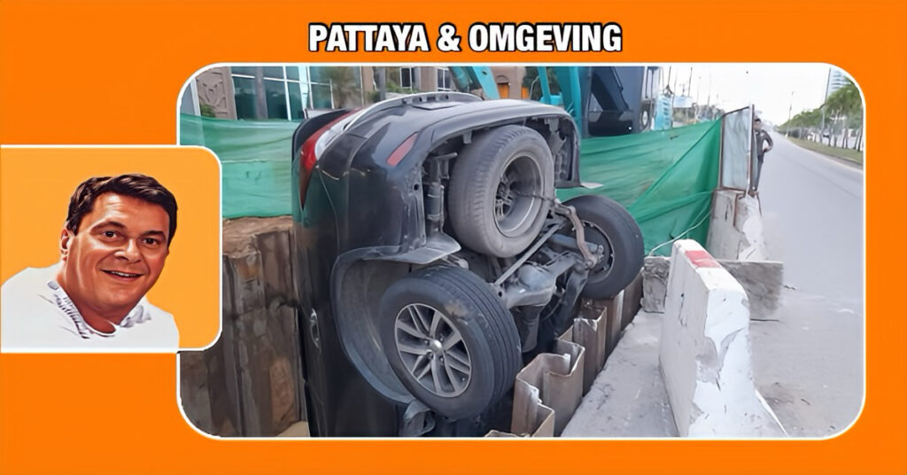 Auto duikt aan de Second Road in Jomtien in een bouwput, resulterend in twee gewonden 