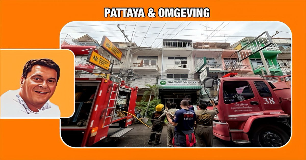 Brand in Cannabiskwekerij in Pattaya, brandweer arriveert met twee bluswagens