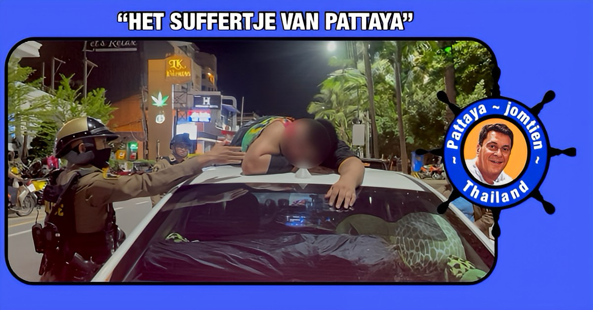Dronken Indiase toerist ziet in Pattaya de ideale plaats om zijn roes uit te slapen en vlijt zich neer op het dak van een taxi.