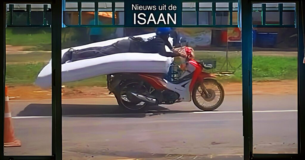 🎥 | Thaise man gaat viraal in Thailand door op een matras op een motorfiets door Sisaket te rijden