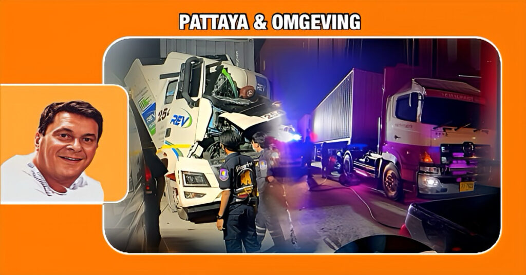 Kopstaartbotsing tussen vrachtwagens nabij Pattaya, de chauffeur beweerde dat hij dit overleefde dankzij zijn beschermingsamulet.