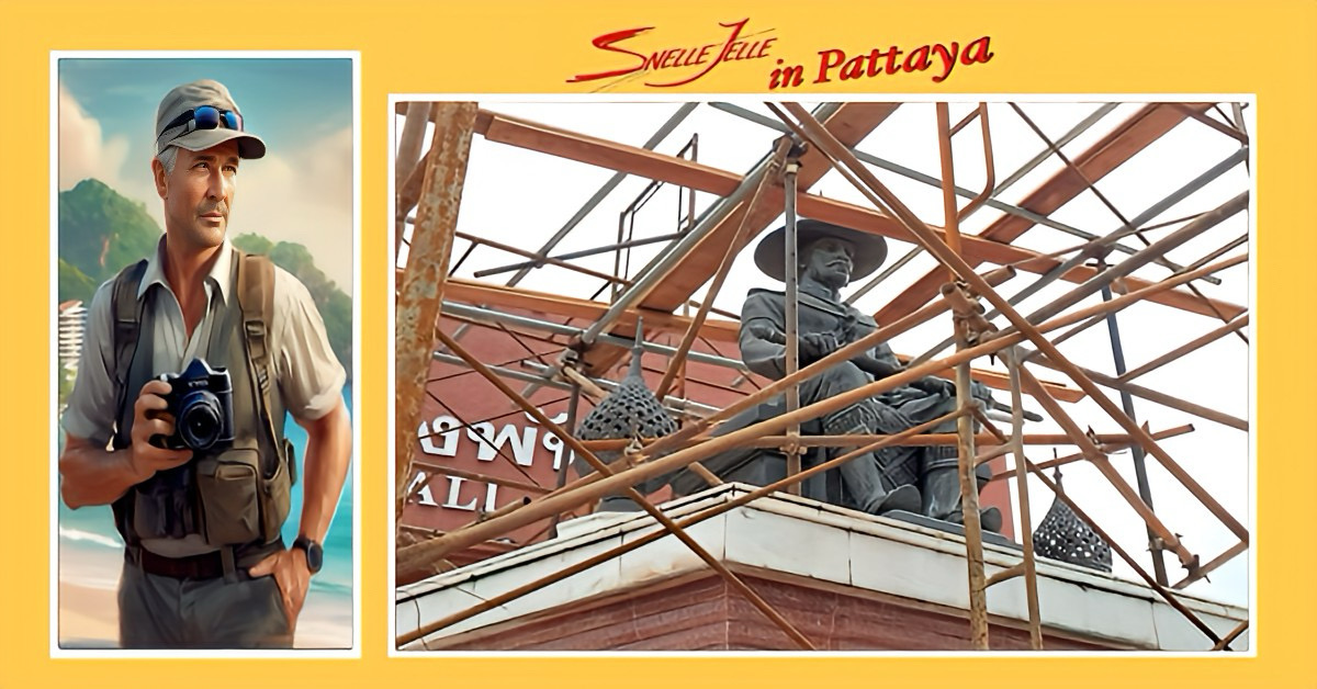 Het monument van koning Taksin, dat voor het gemeentehuis van Pattaya staat, is tijdelijk omgeven door steigers