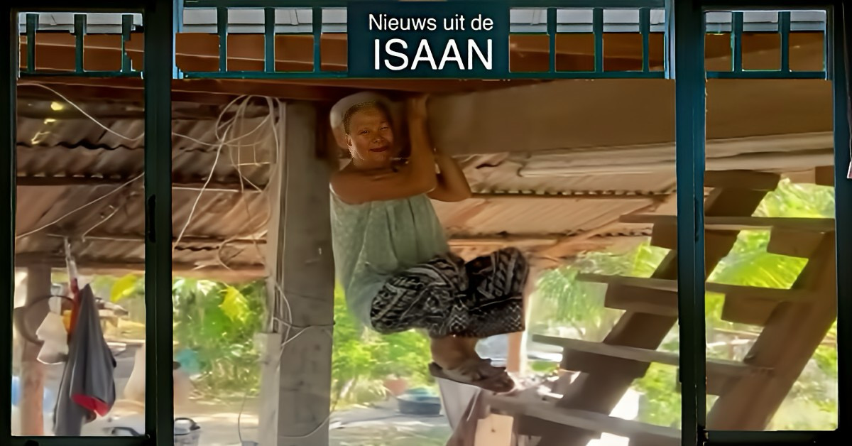 80-jarige grootmoeder in Noordoost-Thailand maakt een sprongetje van de schrik om aan een slang te ontvluchten.