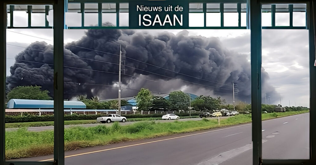 Brand verwoest rubberfabriek in Noordoost-Thailand, de rook was tot meer dan 10 kilometer zichtbaar