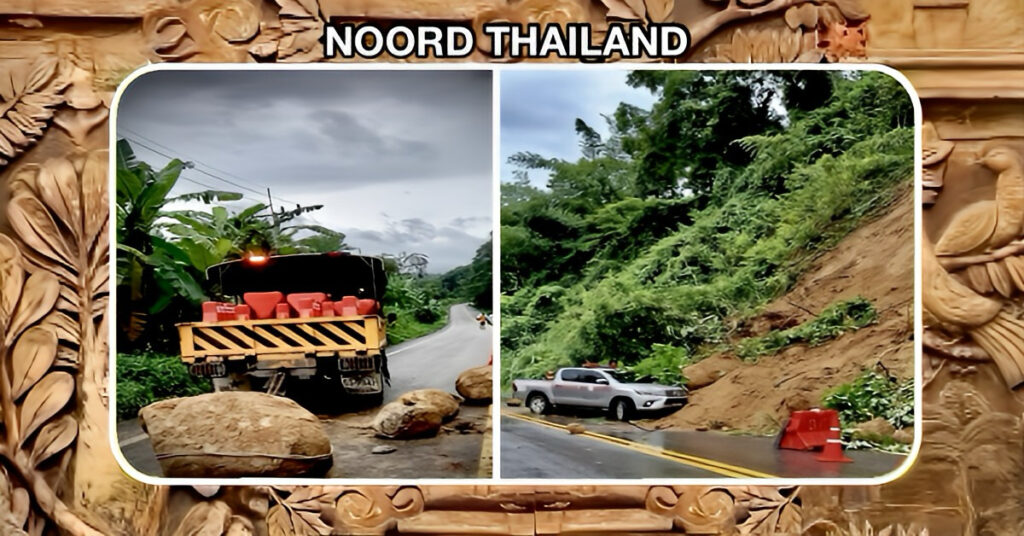 Agenten van een politieauto moesten bij een aardverschuiving in Noord-Thailand de benenwagen pakken