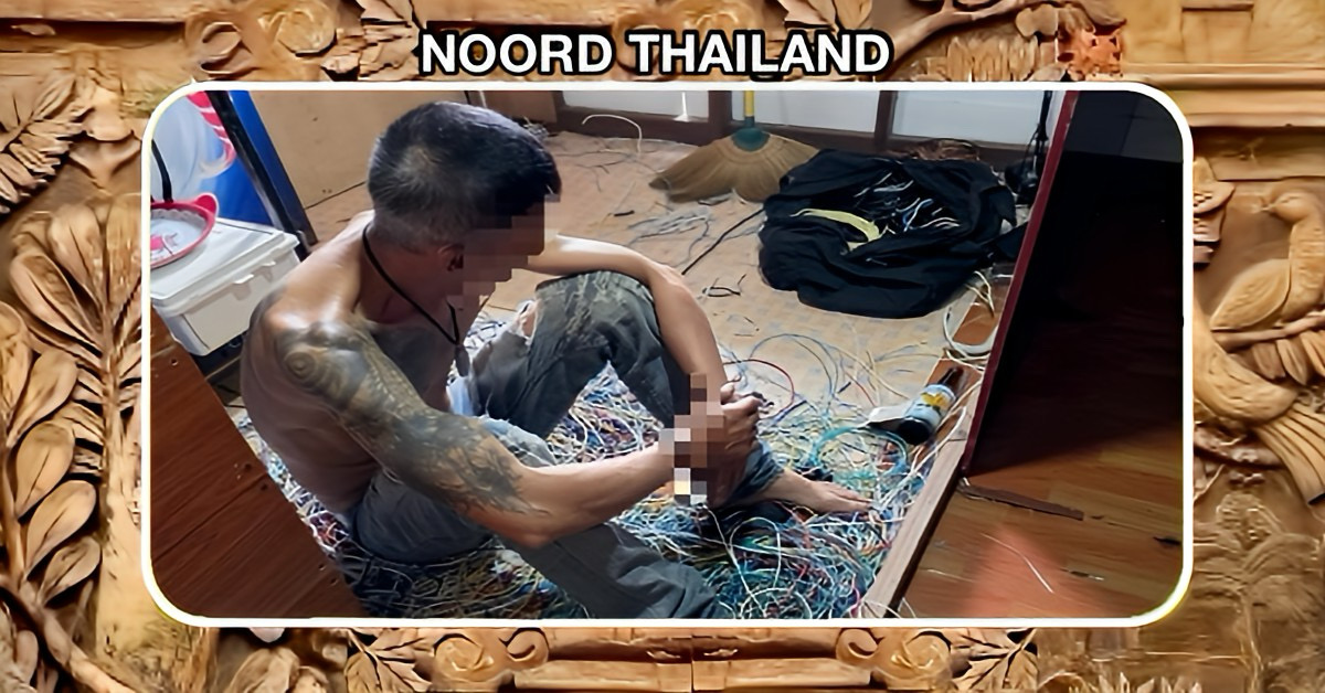 Koperdief in Zuid-Thailand in zijn huis op heterdaad betrapt bij het strippen van elektriciteitskabels