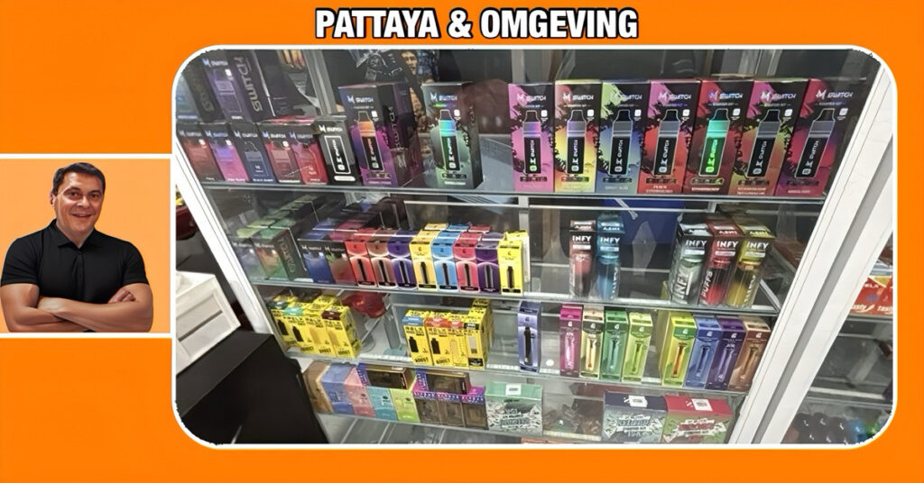 Districtspolitie politie Banglamung in Pattaya valt winkel binnen die illegale vapes verkoopt