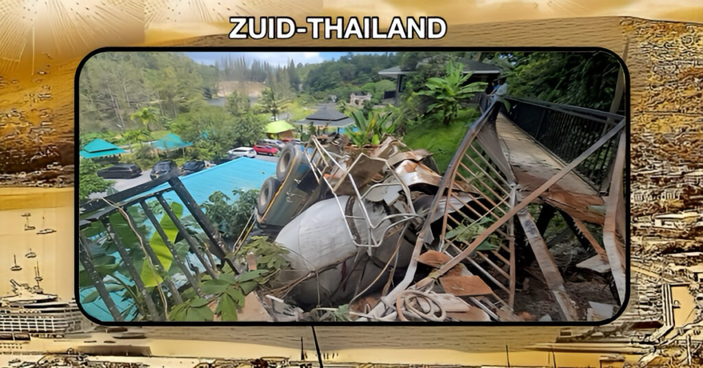 Betonmixer kantelt bij een café op Phuket, de gewonde chauffeur komt er met kleerscheuren vanaf