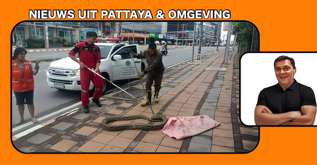 Toeristen en lokale bewoners schrokken zich een hoedje toen een 30 kilo zware python plotseling over het trottoir in Pattaya kronkelde