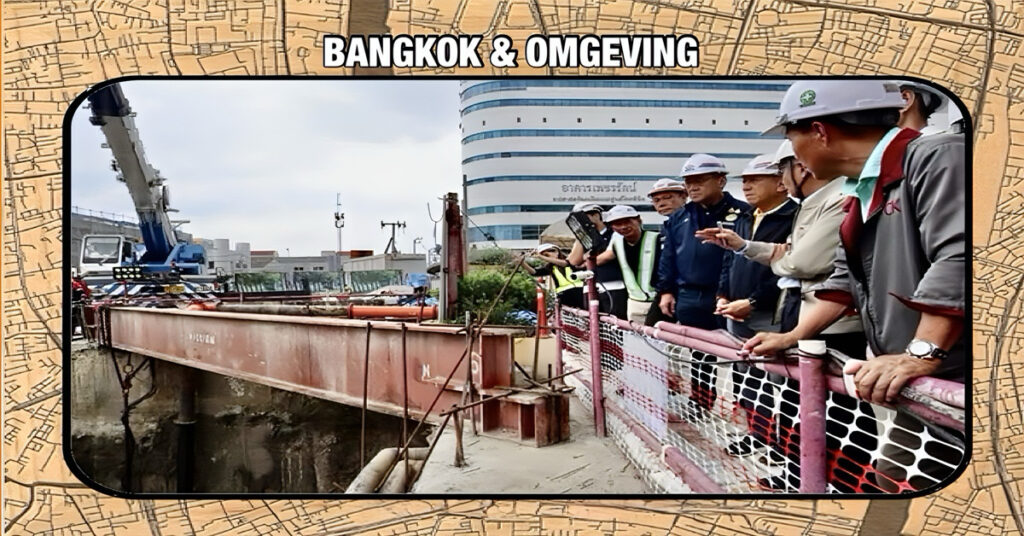 Reparatie van het zinkgat op de Samsenweg in de Thaise hoofdstad Bangkok verloopt voorspoedig 
