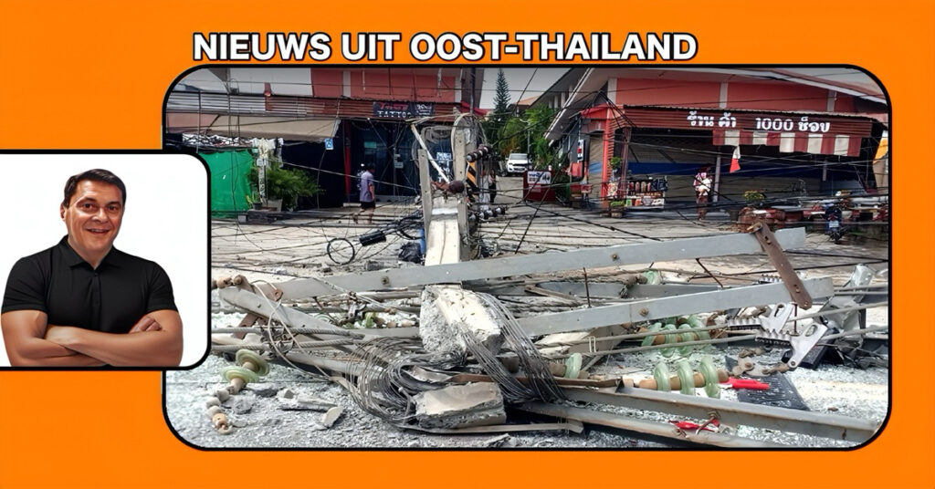 Stroomuitval in Oost-Thailand , een snel rijdende pick-up chauffeur botst tegen een hoogspanningspaal, die vervolgens twaalf palen meetrekt