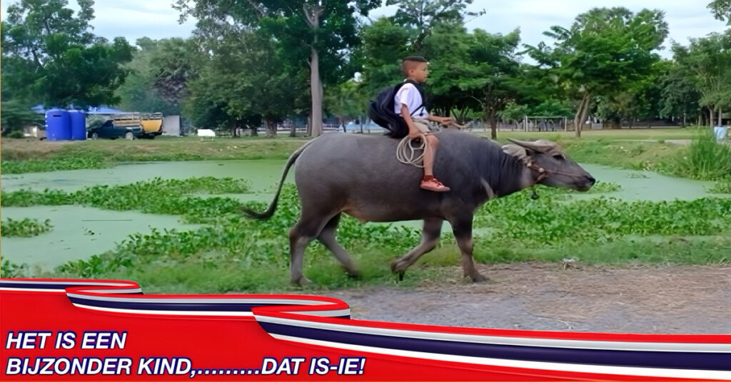 De avonturen van Fluke, die op zijn buffel naar school rijdt over het platteland van Thailand