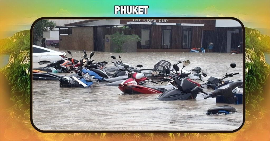 Wow, het regent echt keihard op Phuket!, de straten staan ondergedompeld, resulterend in  chaos