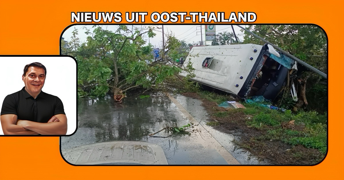 Bus op de Sukhumvit Road rijdt in Oost-Thailand van de weg, waarbij veel gewonden vielen 