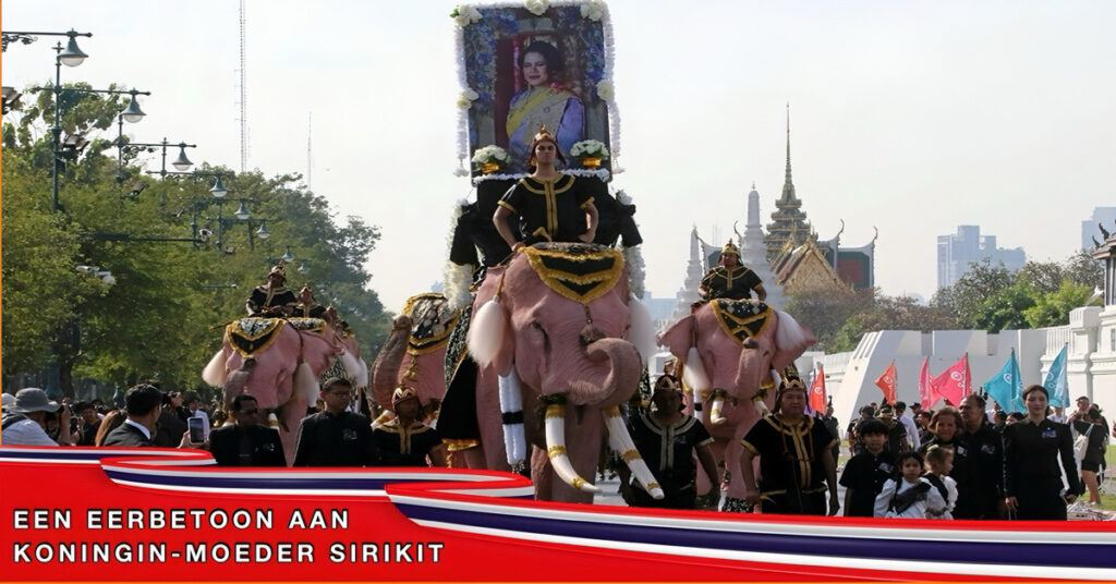 Een processie van elf roze olifanten heeft gisteren in Bangkok hulde gebracht aan de overleden koningin-moeder Sirikit van Thailand