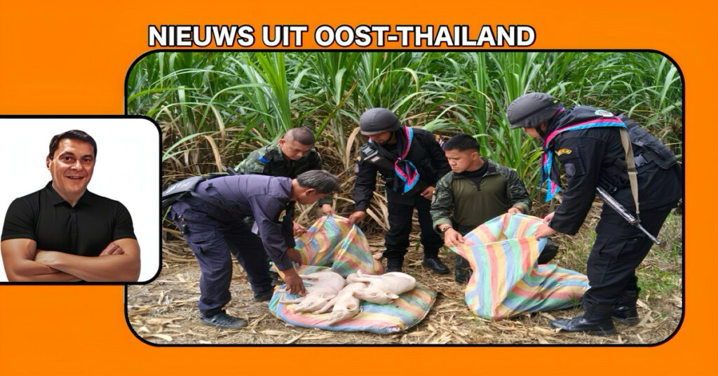 Cambodja heeft voedseltekorten, drie zakken met speenvarkens zijn in Oost-Thailand in een suikerrietveld in beslag genomen!