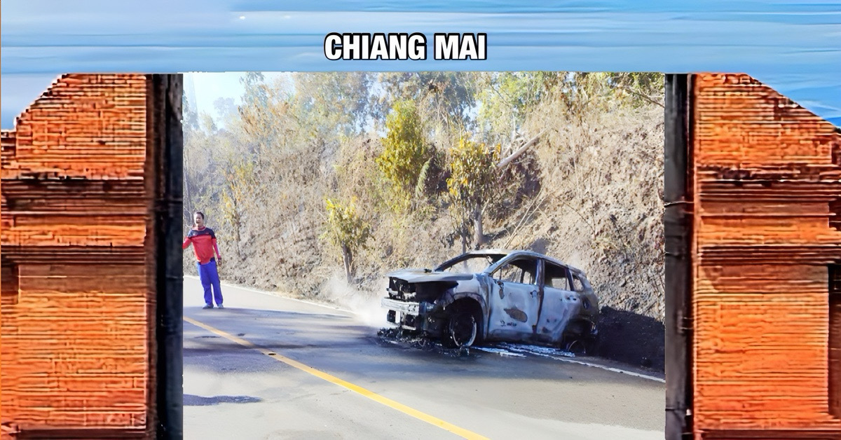 Spaanse familie in Noord-Thailand weet bij een explosie van hun hybride huurauto te ontsnappen