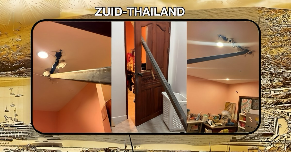 Meer bouwkraan-ellende in  Zuid-Thailand, dit keer met een stalen balk die als een meteoriet door het dak van een huis boort