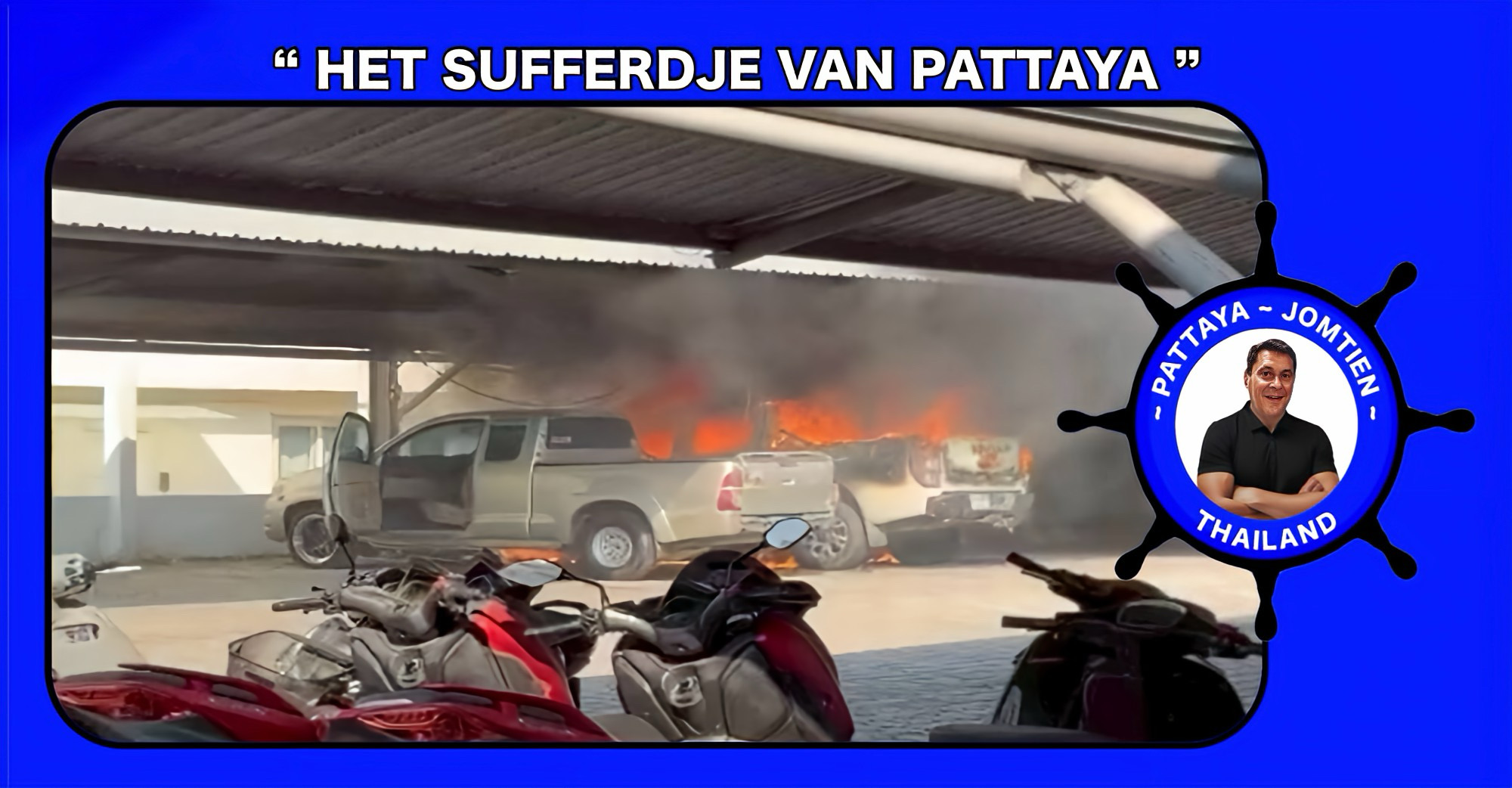 Felle brand in Soi 8 van de Thepprasit Road in Pattaya beschadigt twee auto’s, geen gewonden gemeld.