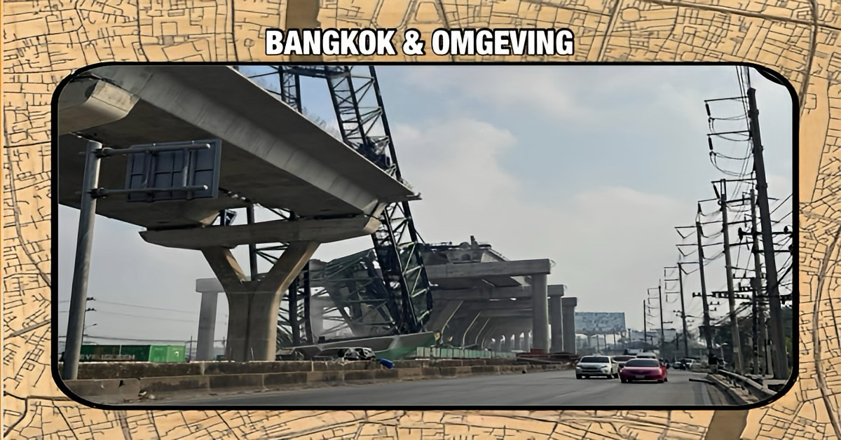 Weer een ernstig kraanongeval in Thailand, bouwkraan stort op Rama II Road bij Bangkok in, resulterend in twee doden