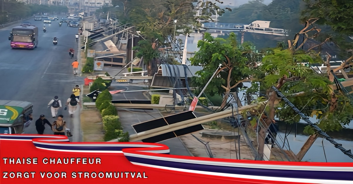 Foutje, bedankt, Vrachtwagen rijdt in Centraal-Thailand 70 elektriciteitspalen omver, wat leidt tot wijdverspreide stroomuitval in Samut Prakan.